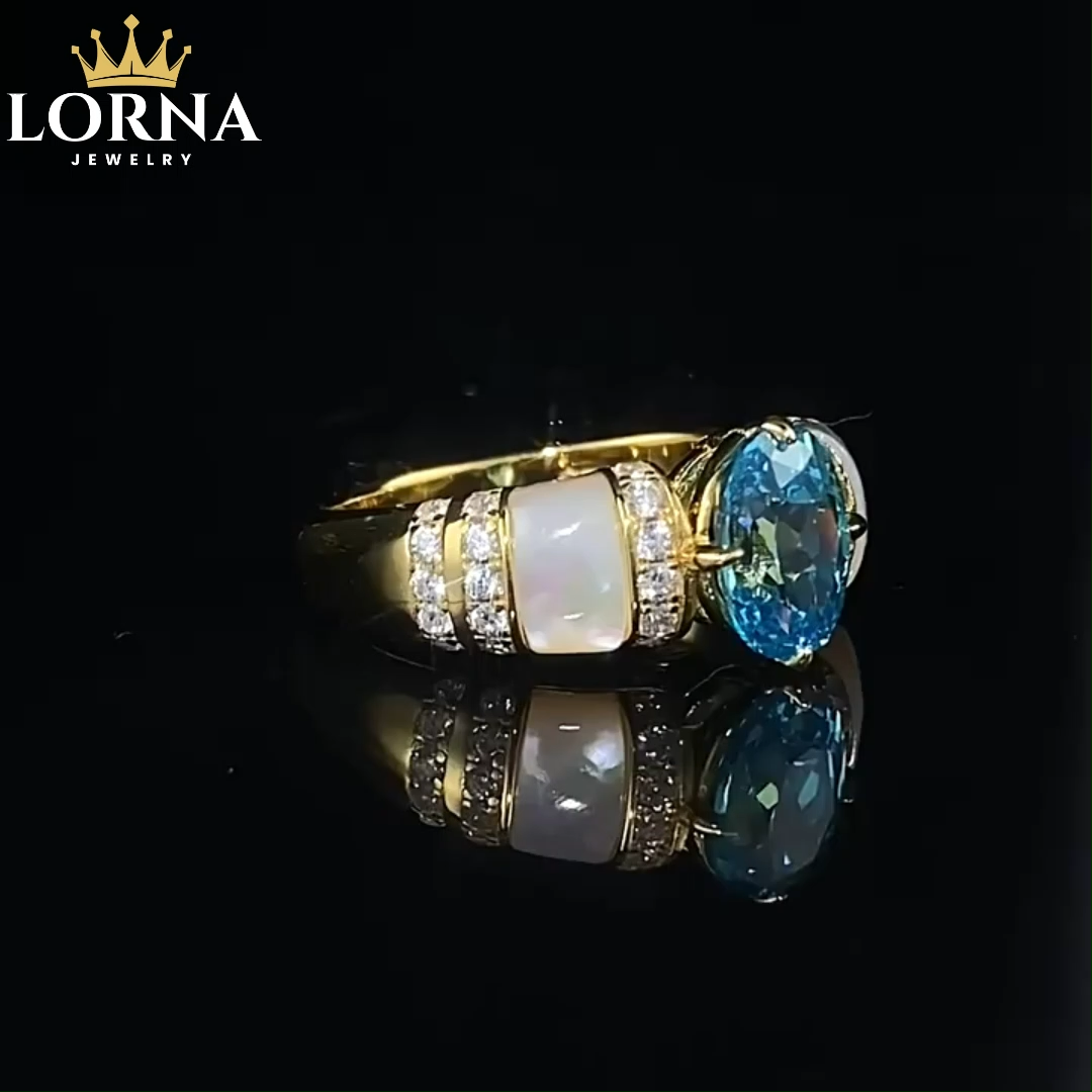 1Ct Paraiba Oval Cut Classic Style Ring with Off-White Shell