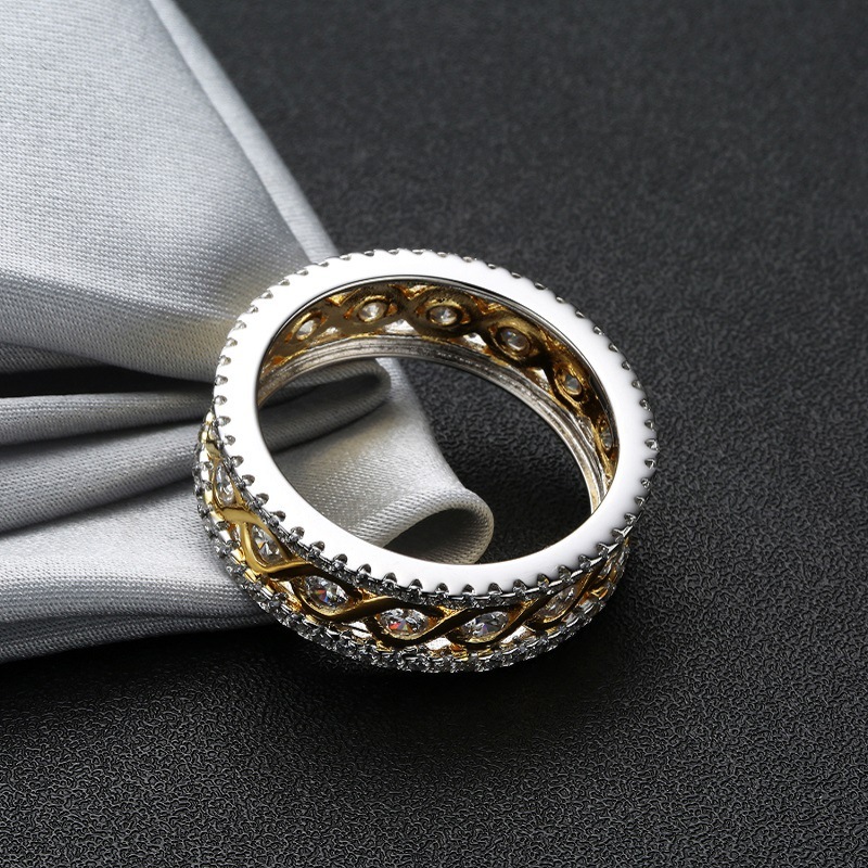 Two Tone Interwoven Waves Round Cut Wedding Band In Sterling Silver