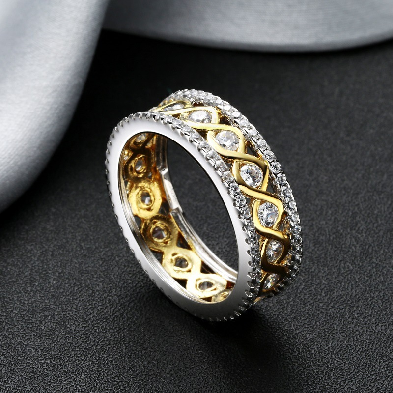 Two Tone Interwoven Waves Round Cut Wedding Band In Sterling Silver