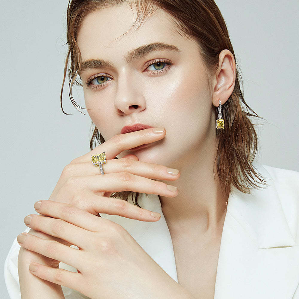 Sterling Silver Luxury Radiant Cut  Yellow Sapphire Drop Earrings For Women-Sterling Silver-lornajewelry