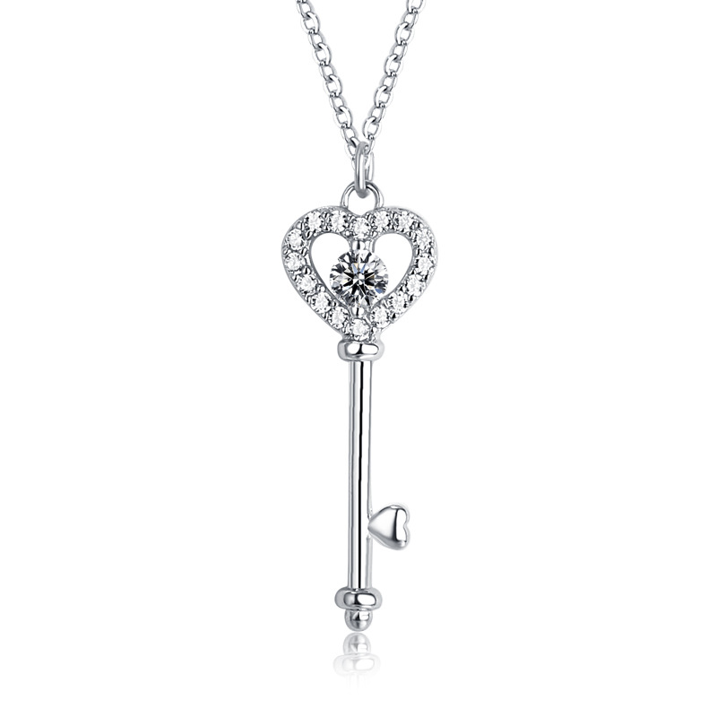 Heart Key White Sapphire Pendant Charm Necklace In Sterling Silver-Sterling Silver-lornajewelry
