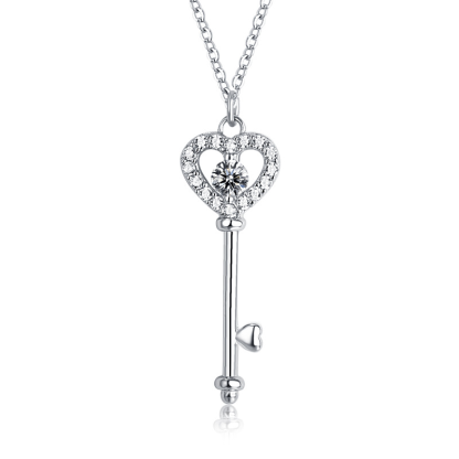Heart Key White Sapphire Pendant Charm Necklace In Sterling Silver-Sterling Silver-lornajewelry