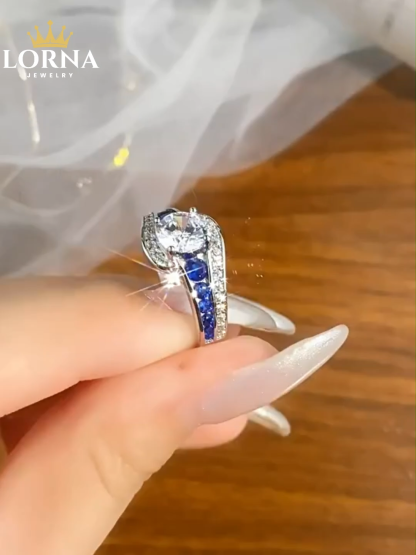 1Ct Moissanite Blue Round Cut Channel Setting Wave Design Ring