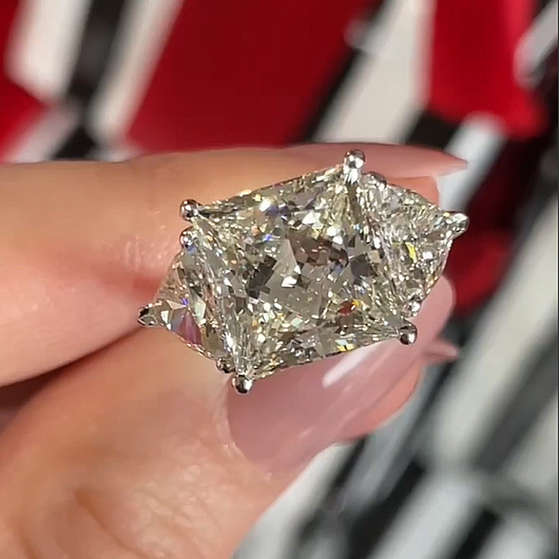 4Ct Exclusive Crushed Ice Princess Cut Three Stone Engagement Ring-Sterling Silver-lornajewelry