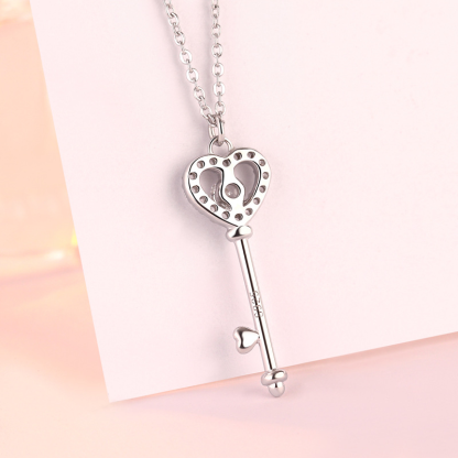 Heart Key White Sapphire Pendant Charm Necklace In Sterling Silver-Sterling Silver-lornajewelry