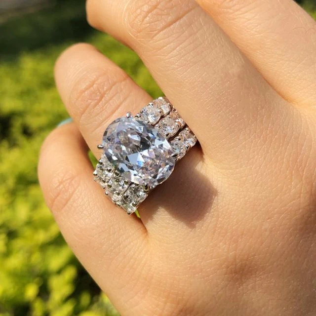 9CT Oval Cut 3-Piece Wedding Ring Set in Sterling Silver-Sterling Silver-lornajewelry