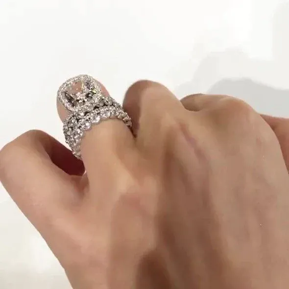 5Ct Vintage Handmade Cushion Cut Halo 3 Pcs Sterling Silver Bridal Set