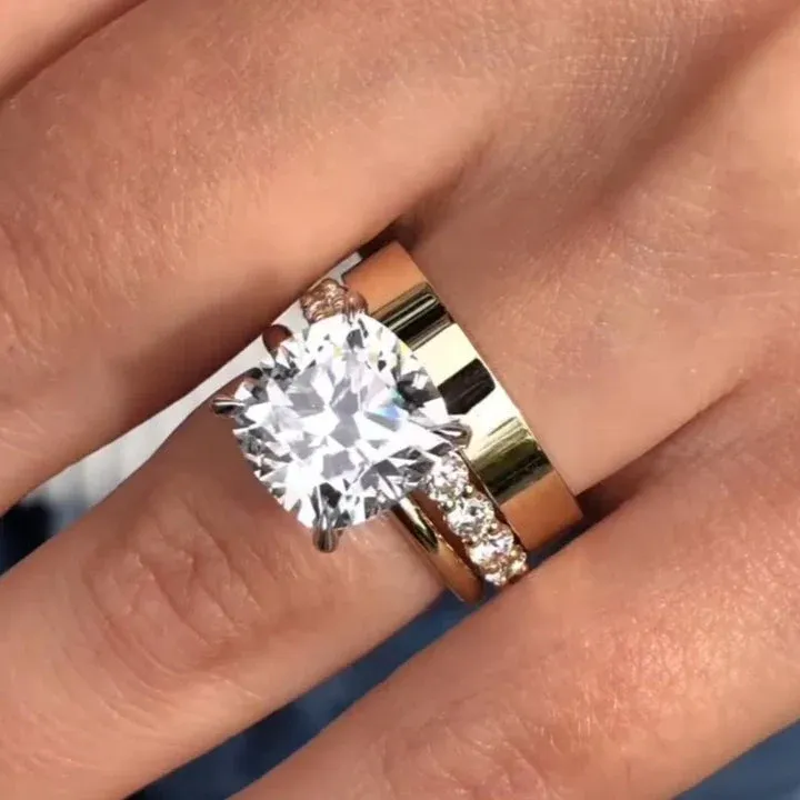 3Ct Golden Tone Cushion Cut 3PCS Band Bridal Set