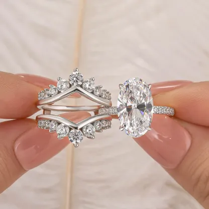 4Ct Oval Cut Insert Wedding Ring Set with Crown Shaped Engagement Ring Enhancer in Sterling Silver