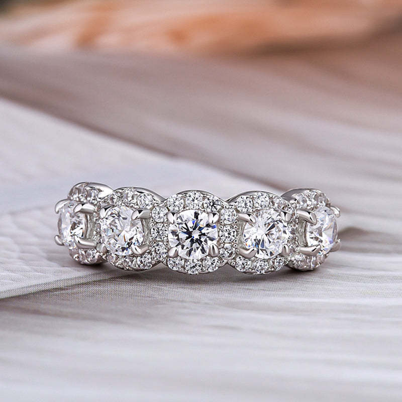 Halo Round Cut Five Stone Anniversary Ring for Her-Sterling Silver-lornajewelry