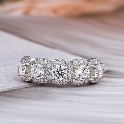 Halo Round Cut Five Stone Anniversary Ring for Her-Sterling Silver-lornajewelry