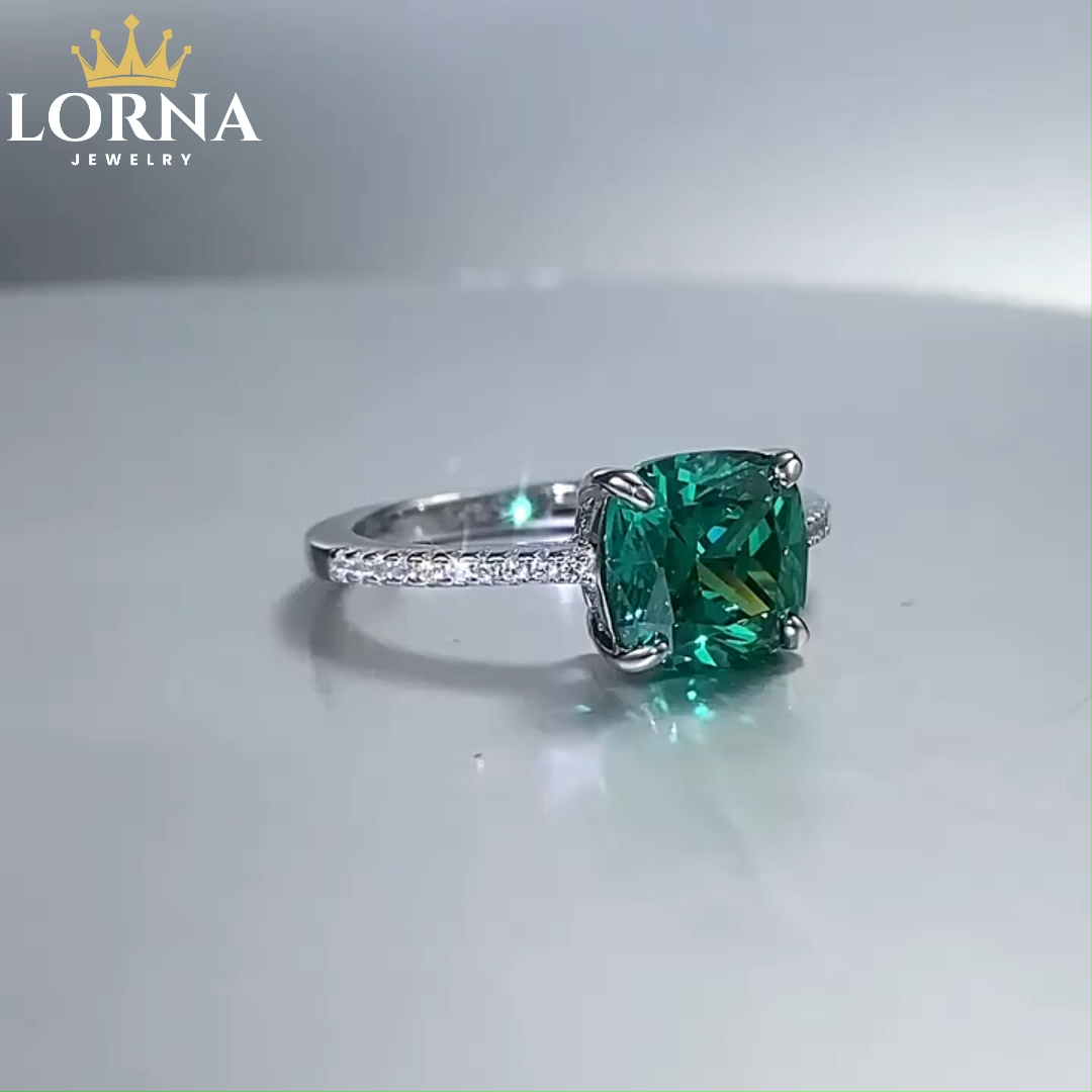 2.5Ct Green Cushion Cut Prong Setting Classic Ring
