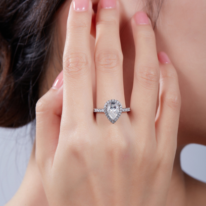 2Ct Moissanite Pear Cut Halo Chic Design Engagement Ring in Sterling Silver-Sterling Silver-lornajewelry