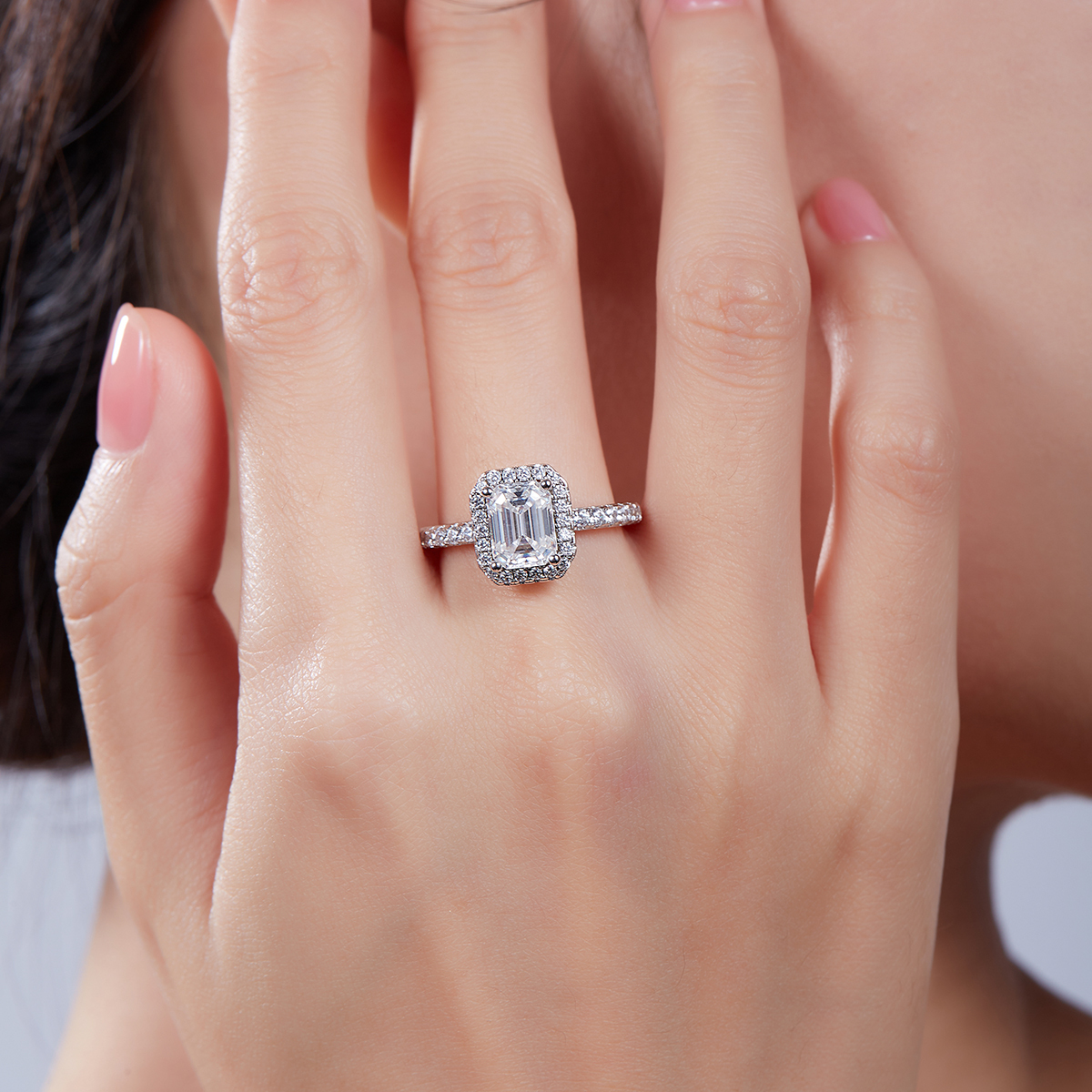2Ct Moissanite Emerald Cut Halo Chic Design Engagement Ring in Sterling Silver-Sterling Silver-lornajewelry