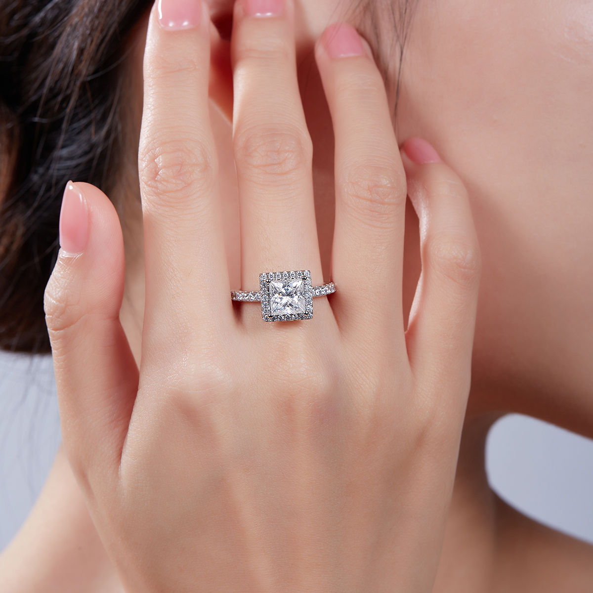 2Ct Moissanite Princess Cut Halo Chic Design Engagement Ring in Sterling Silver-Sterling Silver-lornajewelry