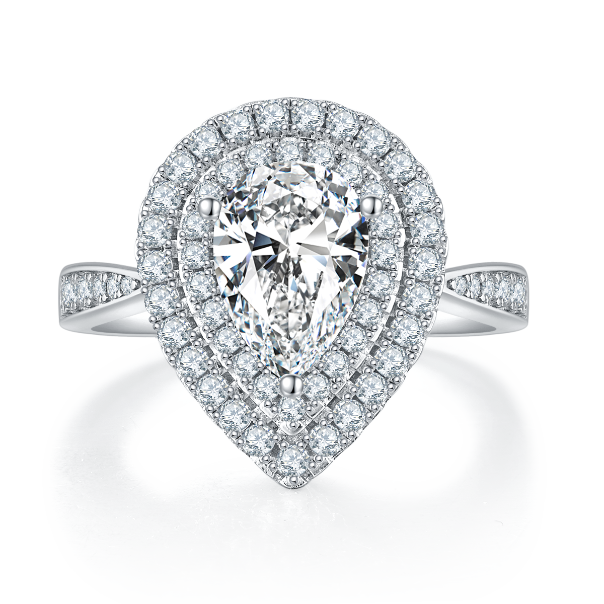 2Ct Moissanite Pear Cut Glamorous Halo Engagement Ring in Sterling Silver