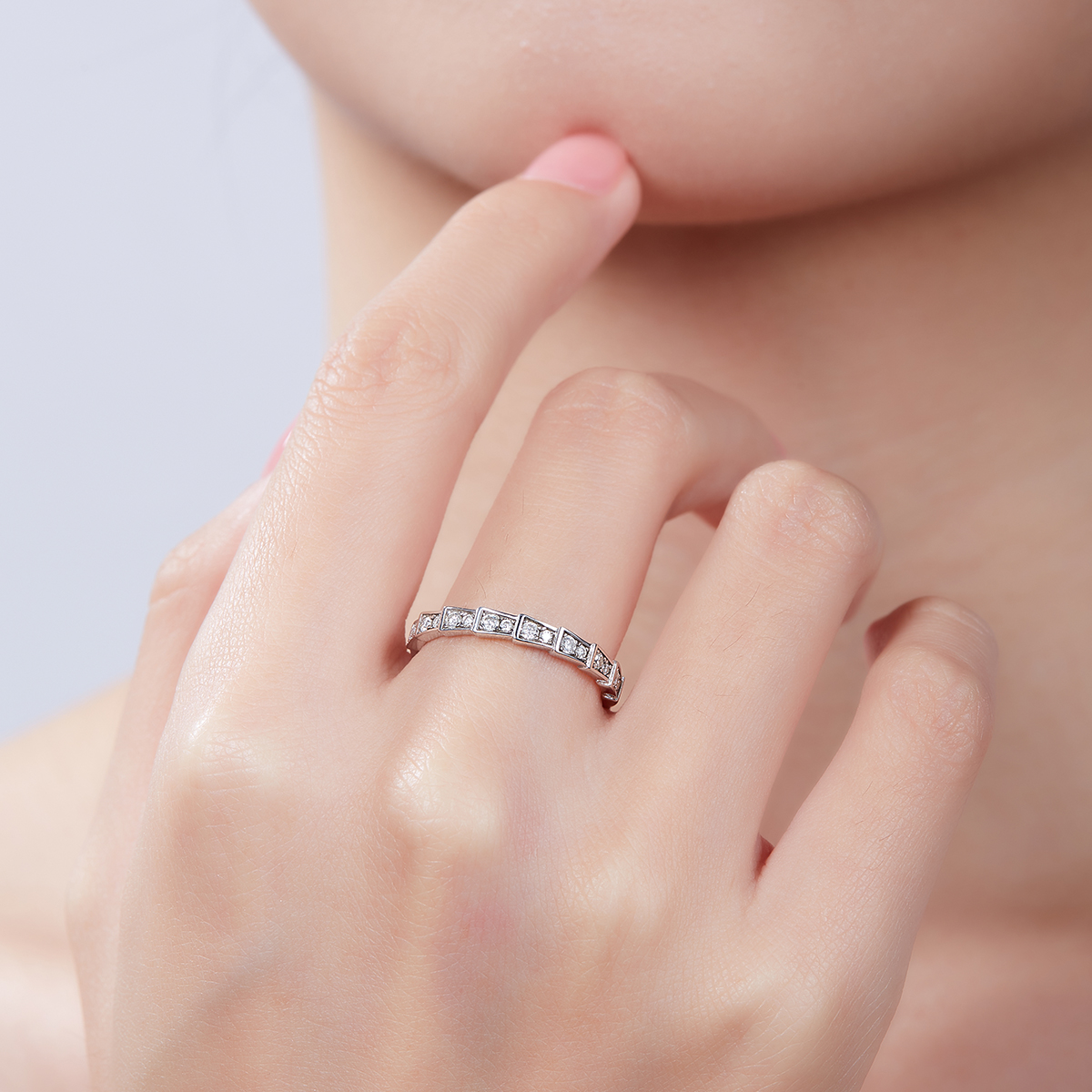 0.5Ct Moissanite Round Cut Pavé Mechanical Snake Women's Wedding Band In Sterling Silver-Sterling Silver-lornajewelry