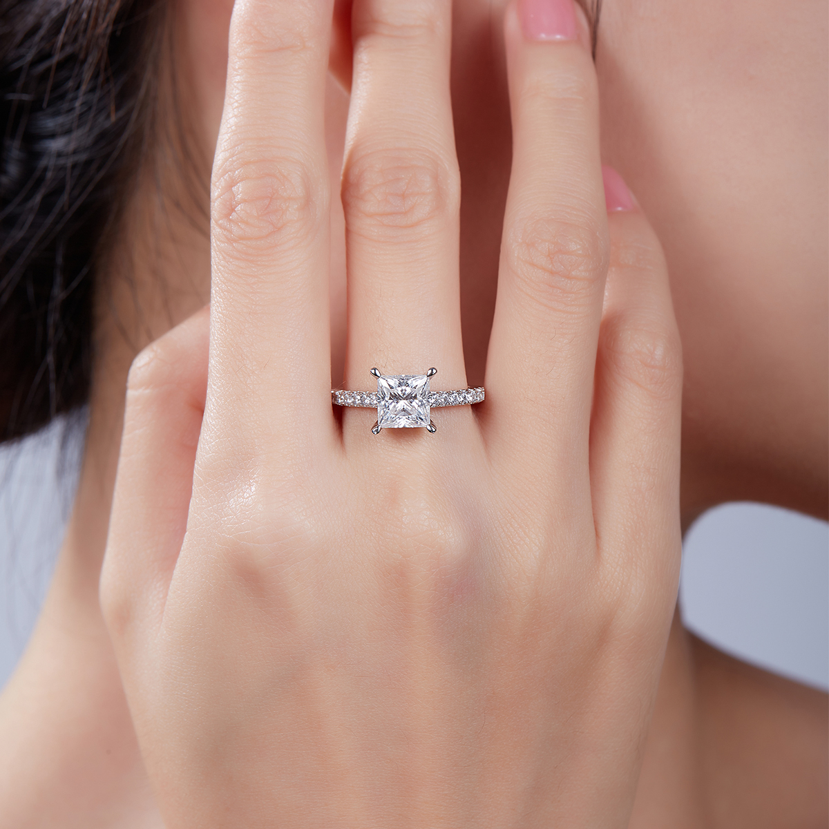 2Ct Moissanite Princess Cut Delicate Pave Engagement Ring in Sterling Silver-Sterling Silver-lornajewelry