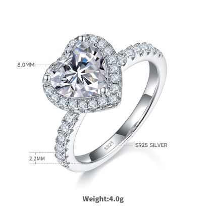 2Ct Moissanite Heart Cut Halo Engagement Ring in Sterling Silver-Sterling Silver-lornajewelry