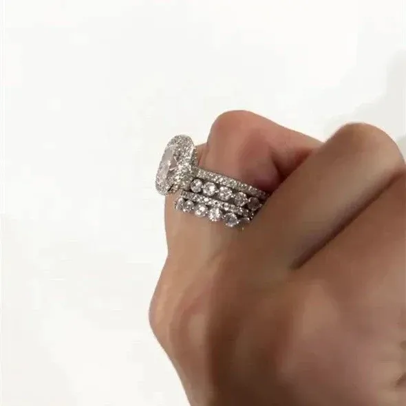 5Ct Vintage Handmade Cushion Cut Halo 3 Pcs Sterling Silver Bridal Set