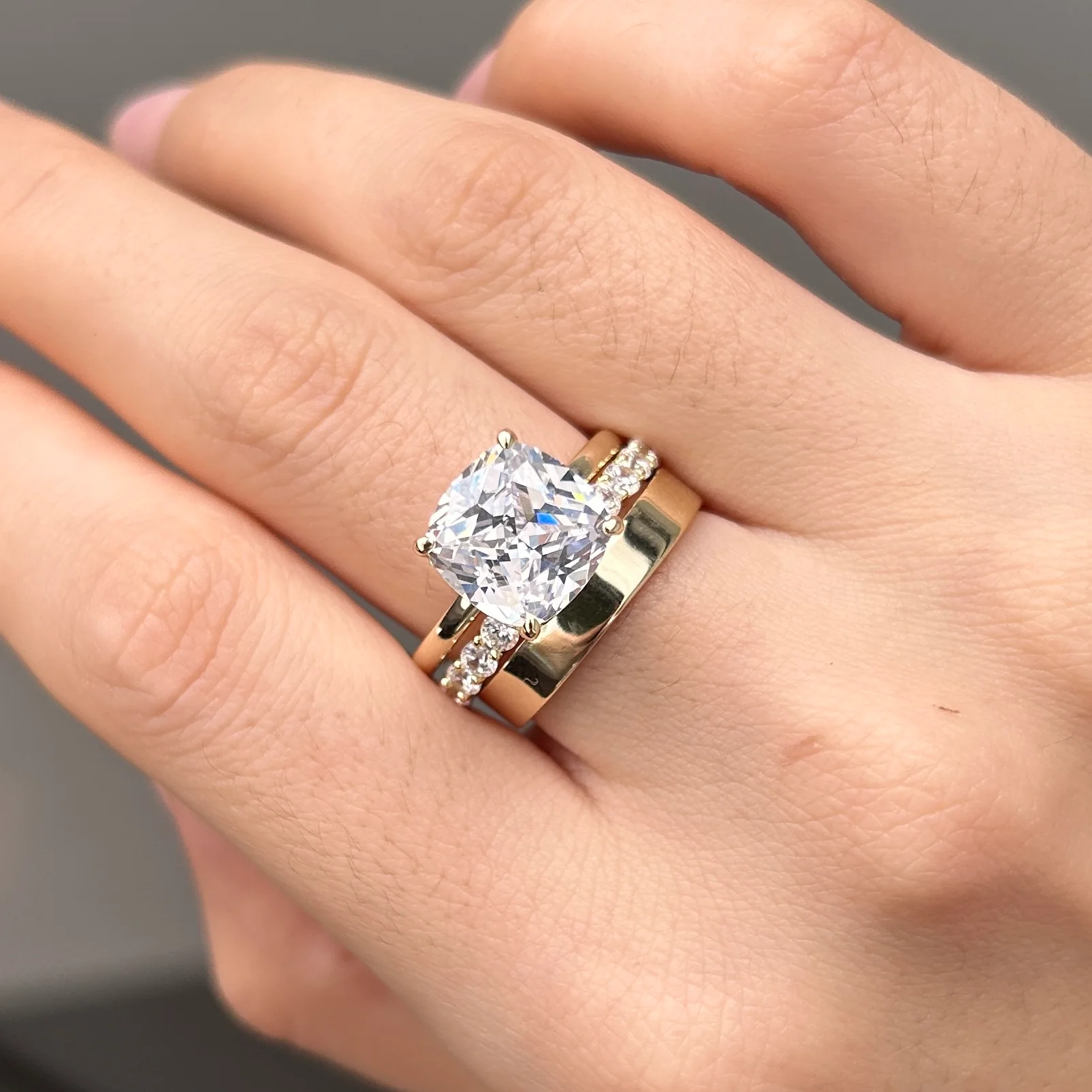 3Ct Golden Tone Cushion Cut 3PCS Band Bridal Set