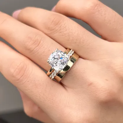 3Ct Golden Tone Cushion Cut 3PCS Band Bridal Set