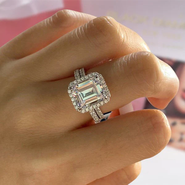 3Ct Halo Emerald Cut Wedding Ring Set for Women-Sterling Silver-lornajewelry