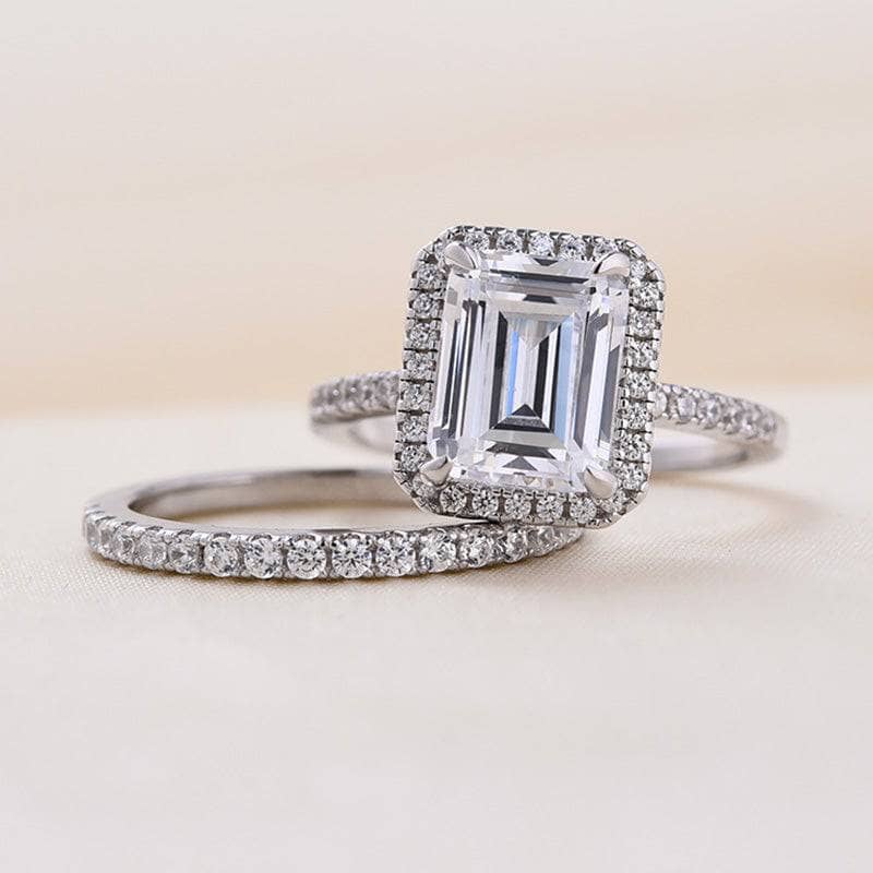 3Ct Halo Emerald Cut Wedding Ring Set for Women-Sterling Silver-lornajewelry