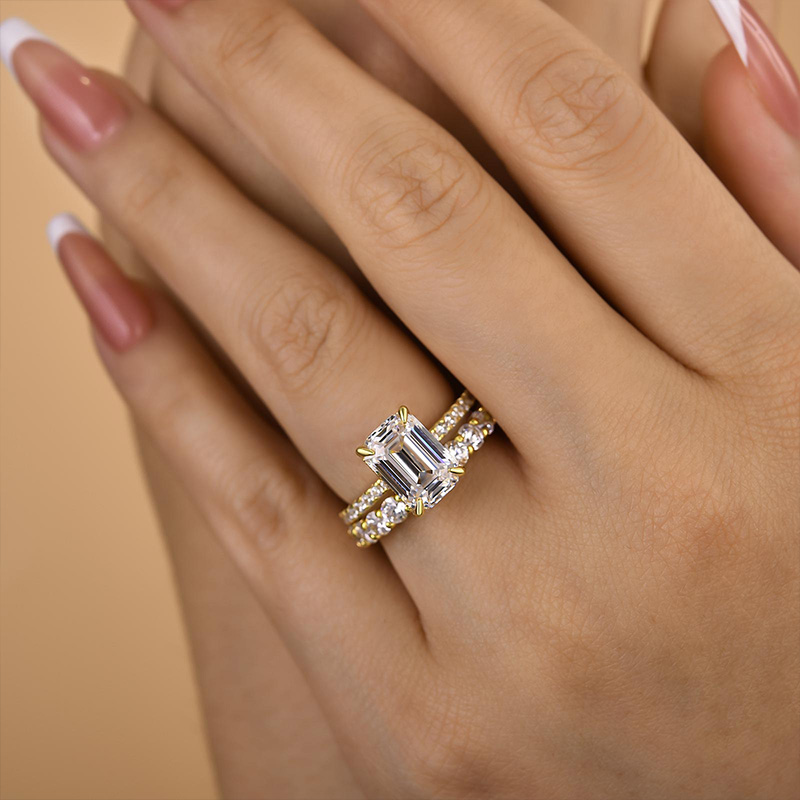 Unique Emerald Cut Wedding Ring Set-Sterling Silver-lornajewelry