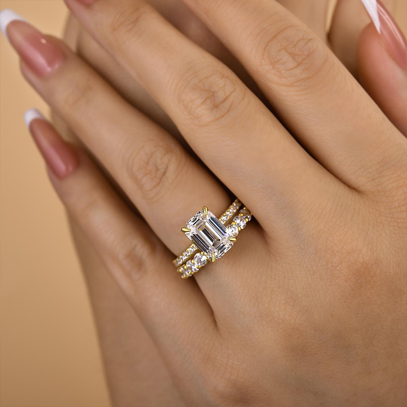 Unique Emerald Cut Wedding Ring Set-Sterling Silver-lornajewelry
