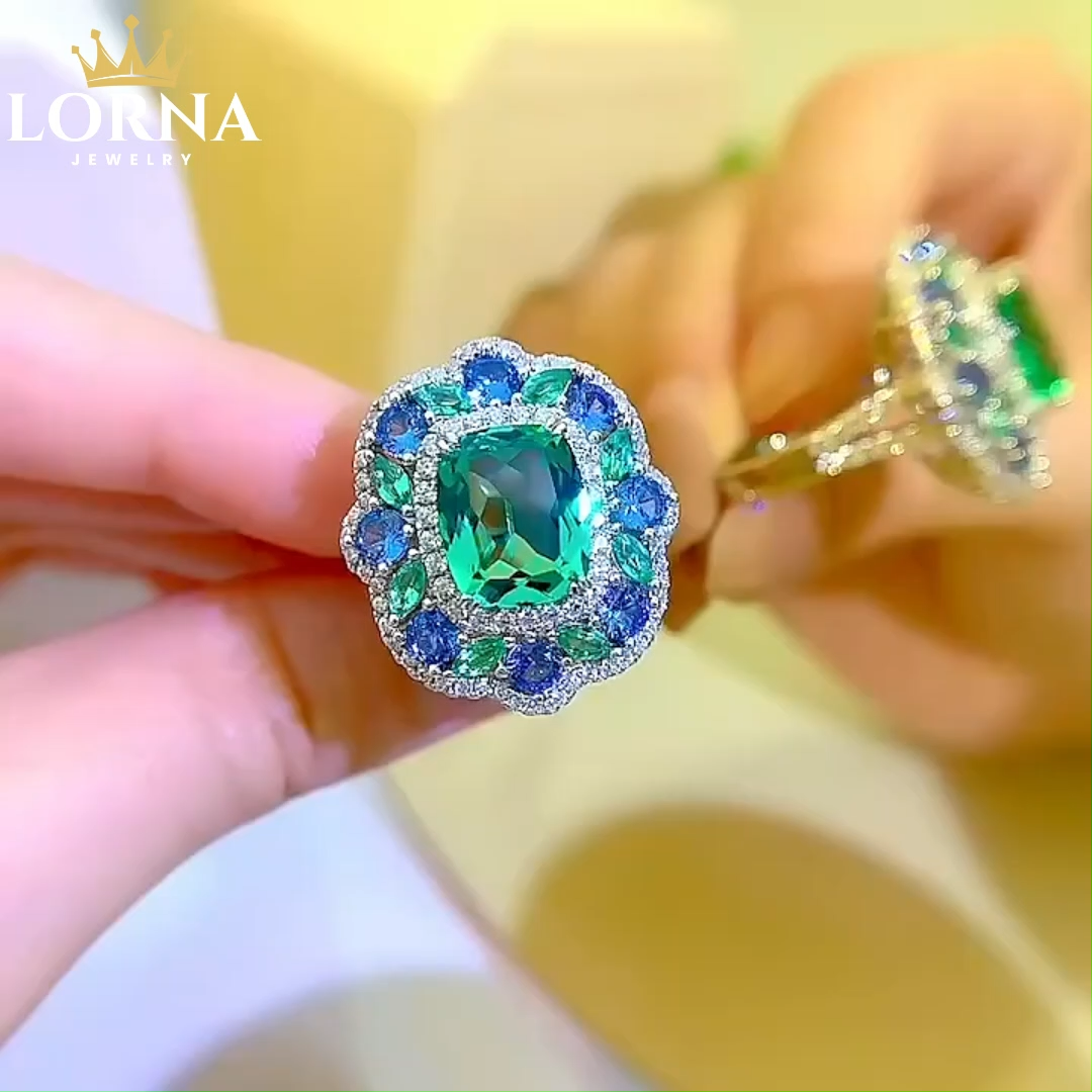 4Ct Luxury Cushion Green Tourmaline Gemstone Ring Secret Garden Vibrant Blue Green Halo