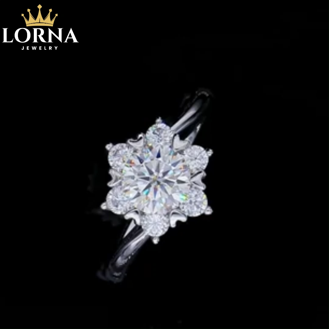 1Ct Moissanite Round Starflower Side Stone Engagement Ring