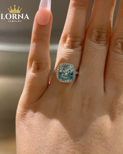 5Ct Exquisite Halo Cushion Cut Cyan Blue Engagement Ring In Sterling Silver