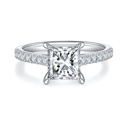 2Ct Moissanite Princess Cut Delicate Pave Engagement Ring in Sterling Silver-Sterling Silver-lornajewelry