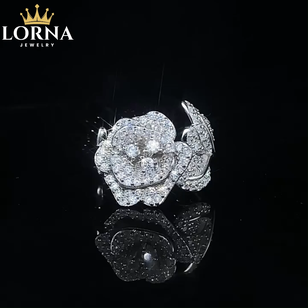 White Diamond Rose Pave Setting Ring