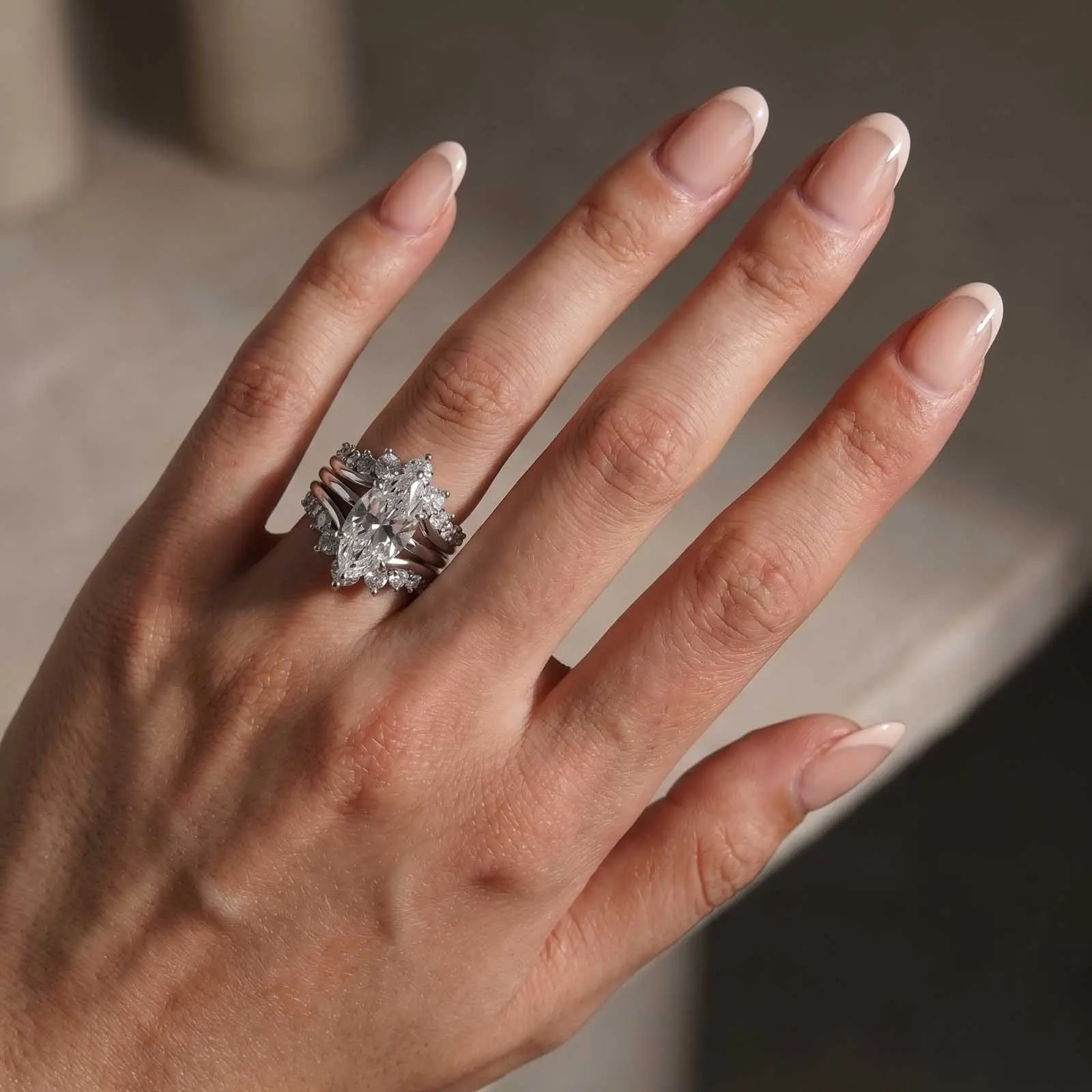 3Ct Marquise Cut Insert Wedding Ring Set with Crown Shaped Engagement Ring Enhancer in Sterling Silver