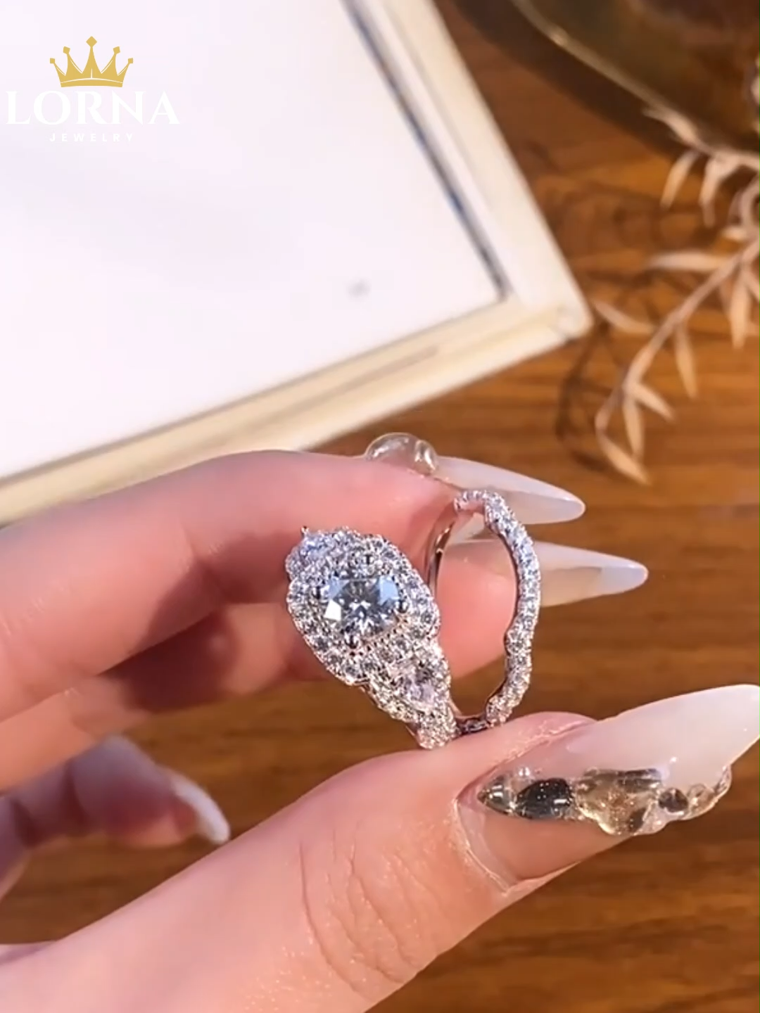 1Ct Moissanite Round Cut Halo Pave Wave Design Wedding Ring Set