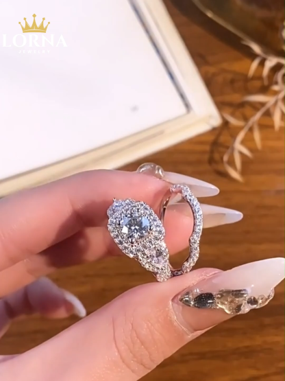 1Ct Moissanite Round Cut Halo Pave Wave Design Wedding Ring Set