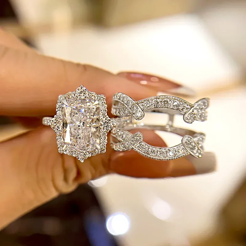 4Ct Vintage Halo Radiant Cut Wedding Ring Set In Sterling Silver