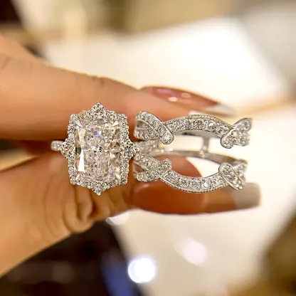 4Ct Vintage Halo Radiant Cut Wedding Ring Set In Sterling Silver