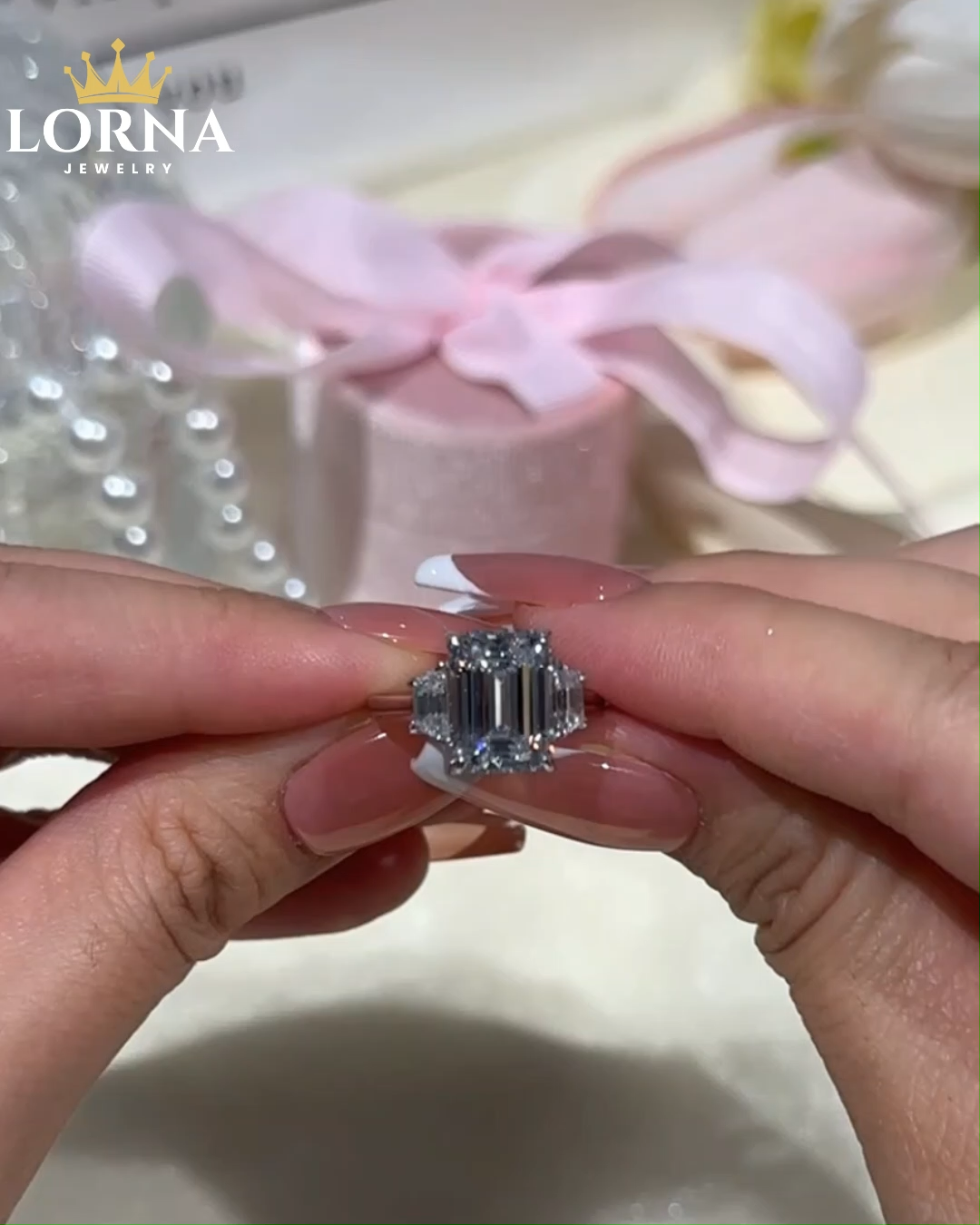 4.5Ct Luxury Three Stone Emerald Cut Engagement Ring