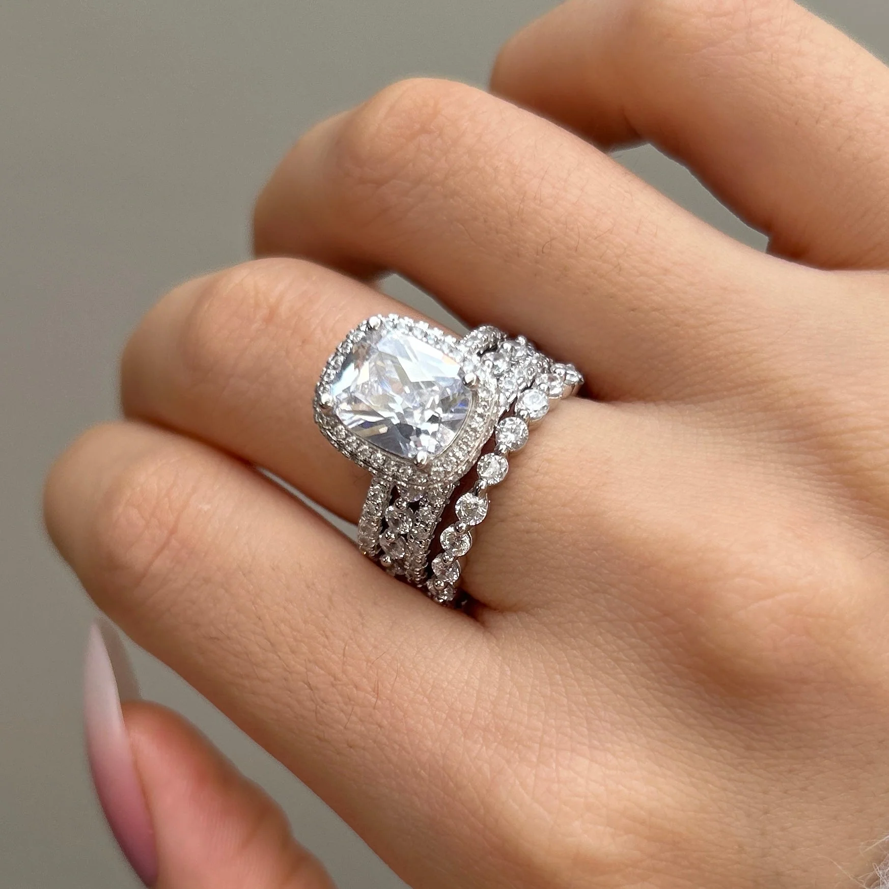 5Ct Vintage Handmade Cushion Cut Halo 3 Pcs Sterling Silver Bridal Set