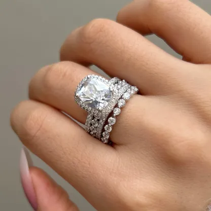 5Ct Vintage Handmade Cushion Cut Halo 3 Pcs Sterling Silver Bridal Set