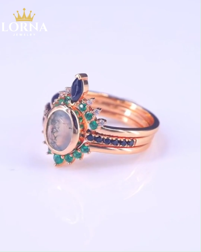 2Ct Oval cut Natural Moss Agate Yellow Gold Wedding Ring Set In Sterling Silver