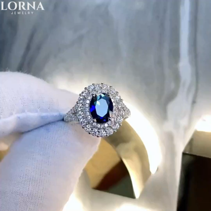 1.5Ct Oval Blue Double Halo Split Shank Pave Engagement Ring in 925 Sterling Silver