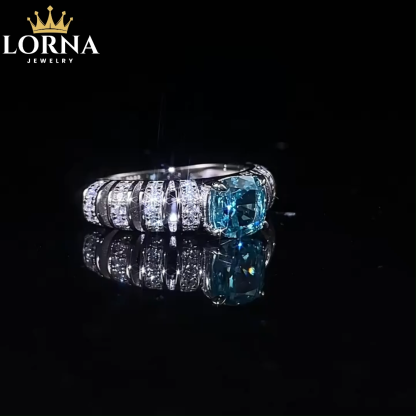 1Ct Luxury Blue Cushion Gemstone Ring White Accent Band