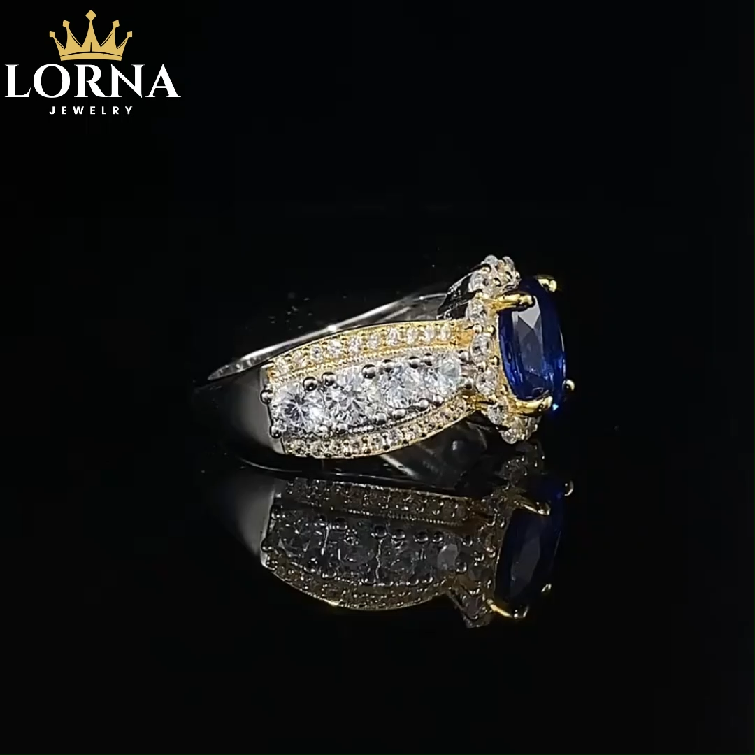 2Ct Luxury Oval Blue Stone Halo Accent Ring in Gold