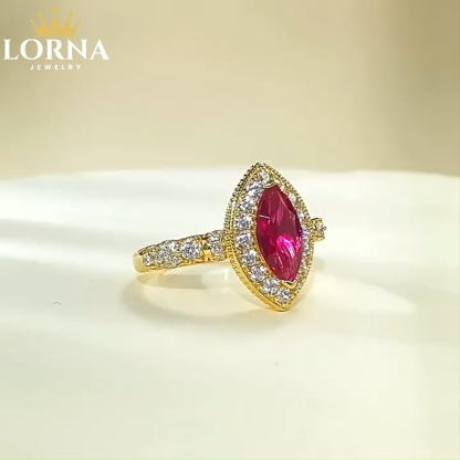 1Ct Luxury Red Marquise Stone Halo Ring Gold Band