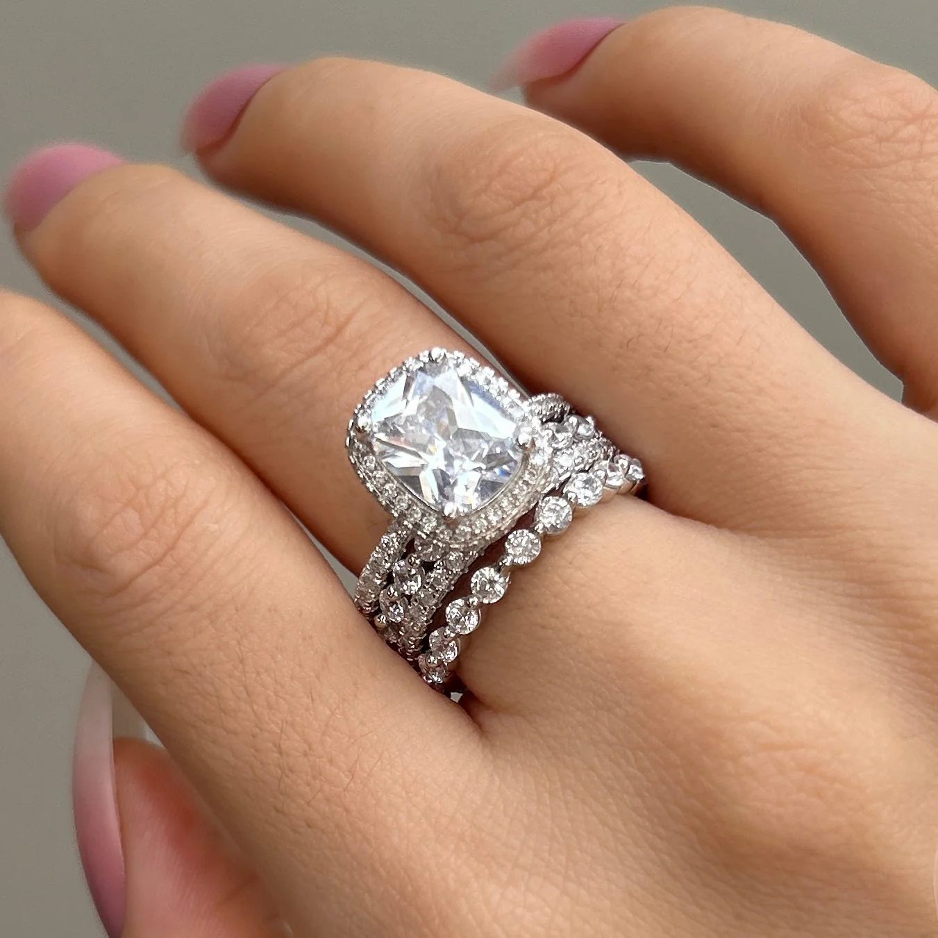 5Ct Vintage Handmade Cushion Cut Halo 3 Pcs Sterling Silver Bridal Set