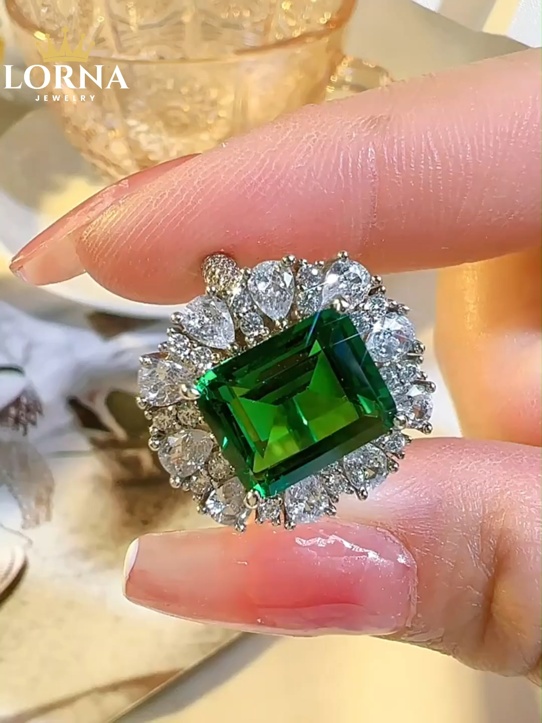 6Ct Emerald Cut Green Vintage Halo Design Ring